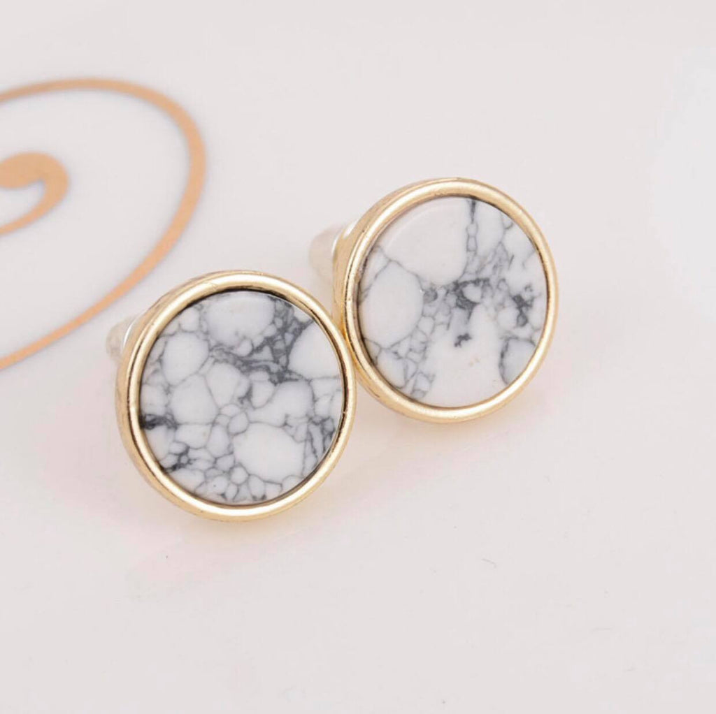 Trendy Gold Fashion Square Triangle Round Geometric Marbled White Faux Stone Stud Earrings