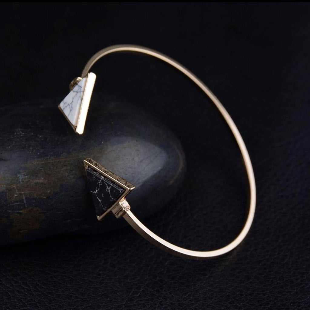 Gold Tone Punk Trendy White Black Triangle Faux Marbleized Stone Cuff Bangle Bracelet