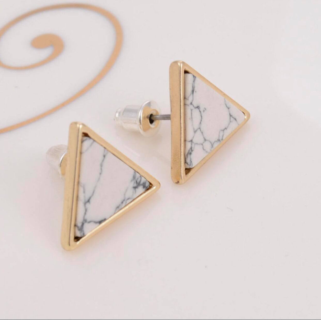 Trendy Gold Fashion Square Triangle Round Geometric Marbled White Faux Stone Stud Earrings