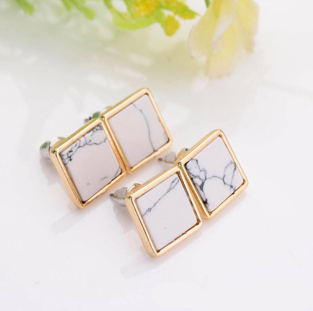 Trendy Gold Fashion Square Triangle Round Geometric Marbled White Faux Stone Stud Earrings