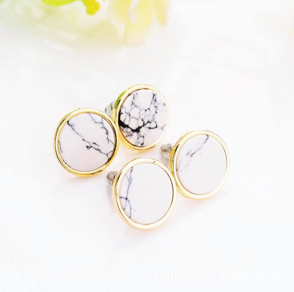 Trendy Gold Fashion Square Triangle Round Geometric Marbled White Faux Stone Stud Earrings