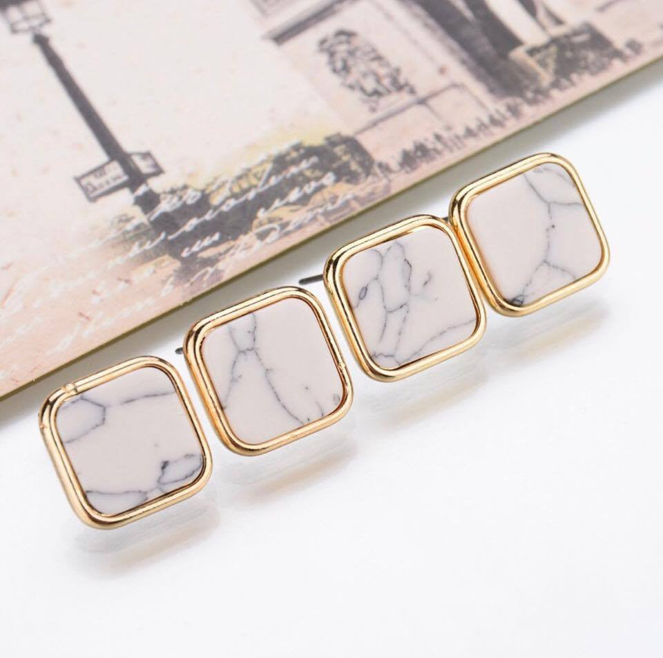 Black White Faux Marbled Stone Square Stud Earrings