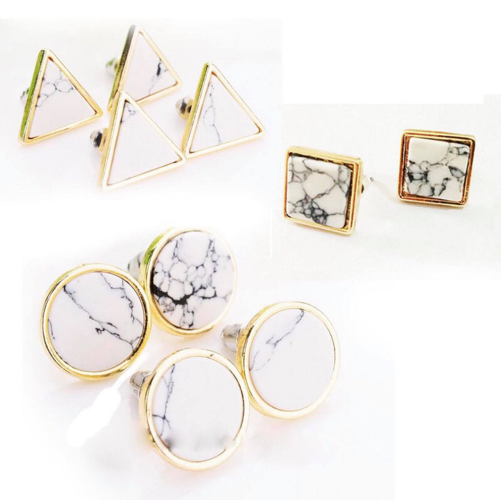 Trendy Gold Fashion Square Triangle Round Geometric Marbled White Faux Stone Stud Earrings
