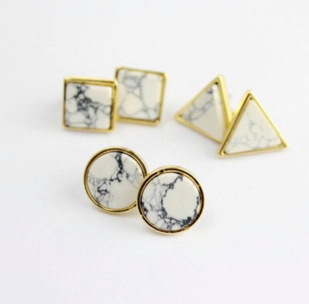 Trendy Gold Fashion Square Triangle Round Geometric Marbled White Faux Stone Stud Earrings