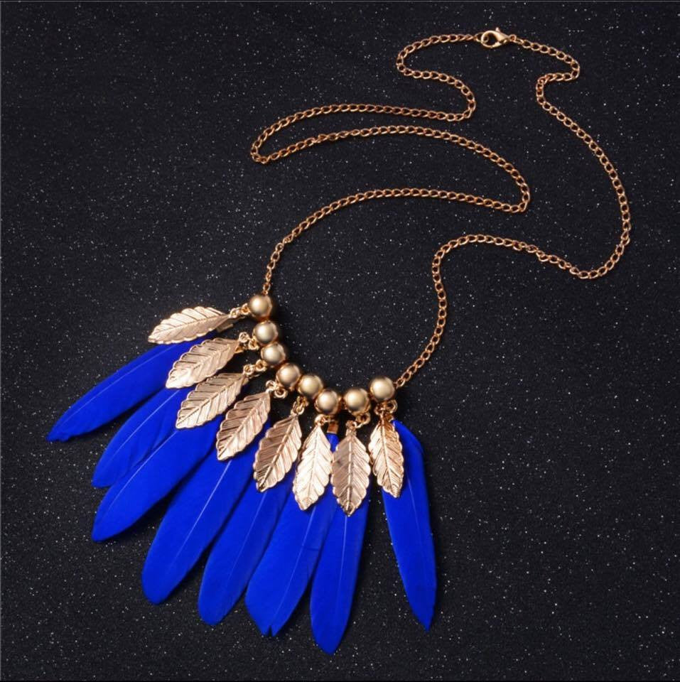 Gold Leaves Vintage Feather Long Pendant Necklace