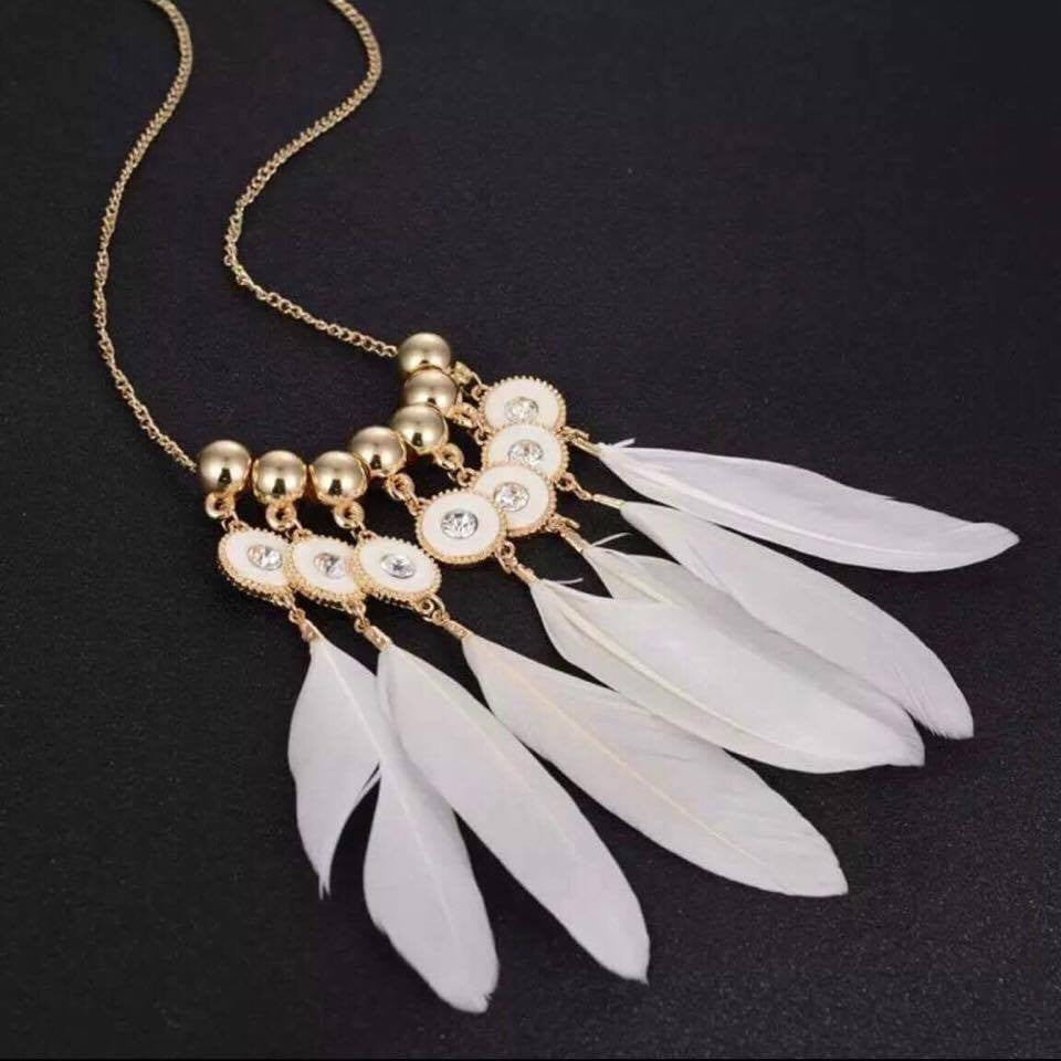 White Feather Summer Style Gold Beads Shiny Rhinestone Necklace