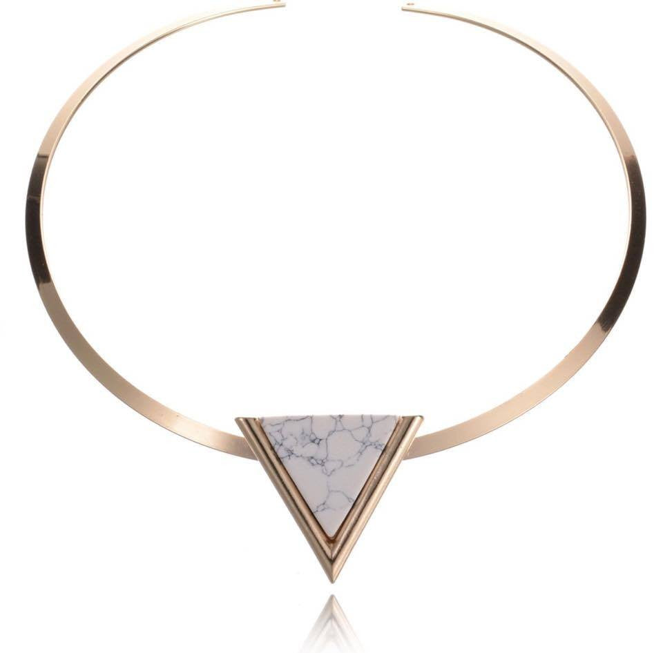 Gold Plated Punk Short Choker Necklaces With Black/White Geometric Triangle Faux Stone