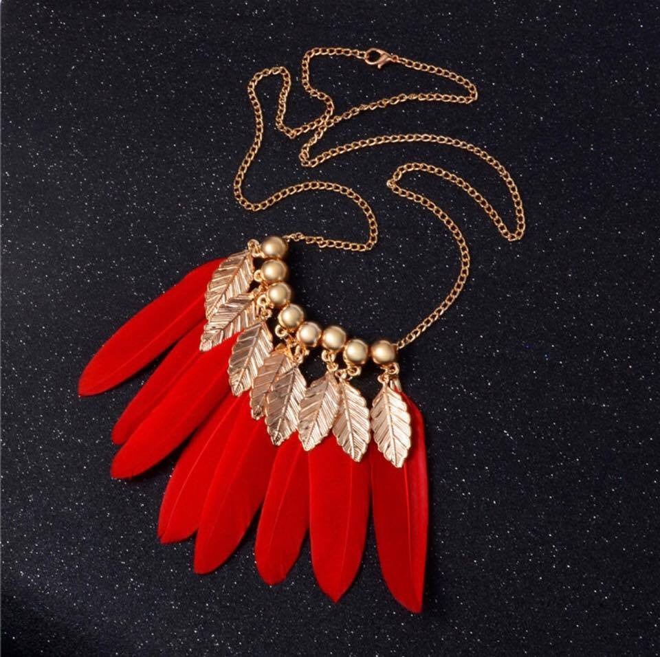 Gold Leaves Vintage Feather Long Pendant Necklace