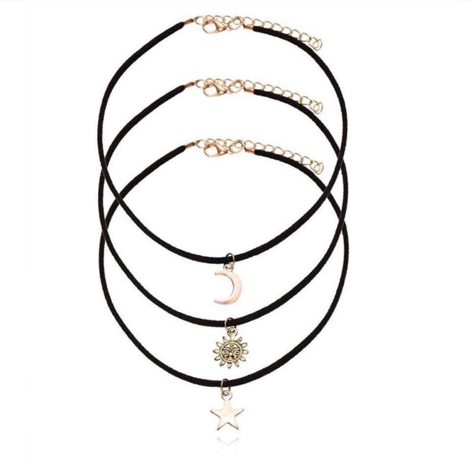 3PCS/Set Star Moon Sun Black Velvet Rope Chokers Necklaces Gold Plated Pendants Necklace