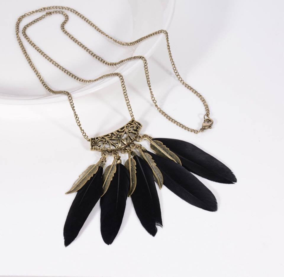 Vintage Retro Indian Feather Pendants Long Gold Plated Chain Necklace