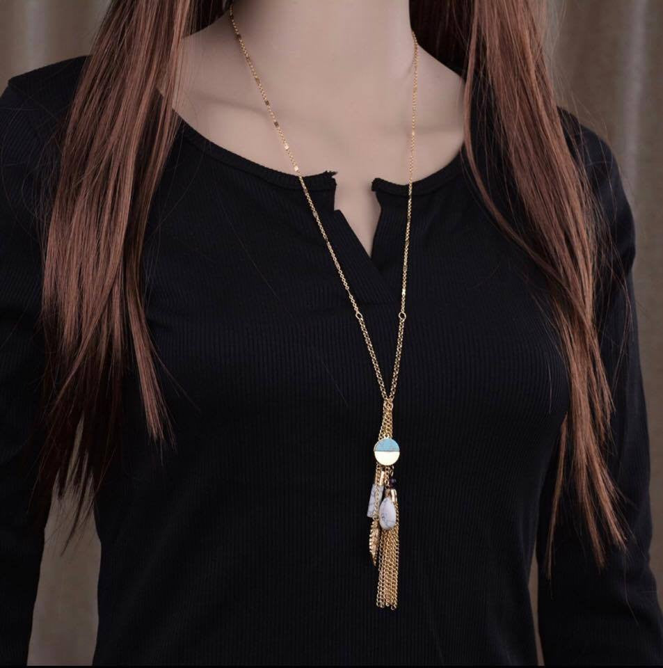 Tassel Necklace Bohemian Blue Faux Stone Gold Leaf Long Chain Necklace
