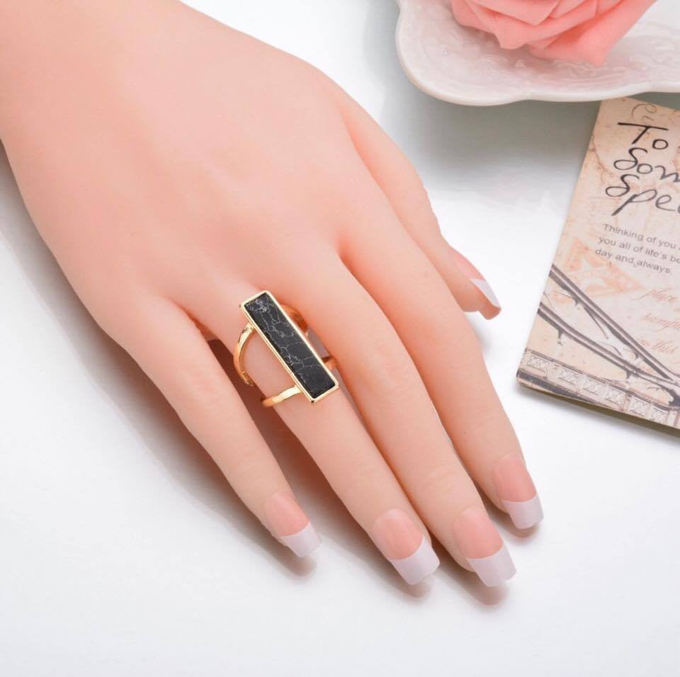 Black White Rectangle Faux Marble Stone Gold Plated Double Layer Ring