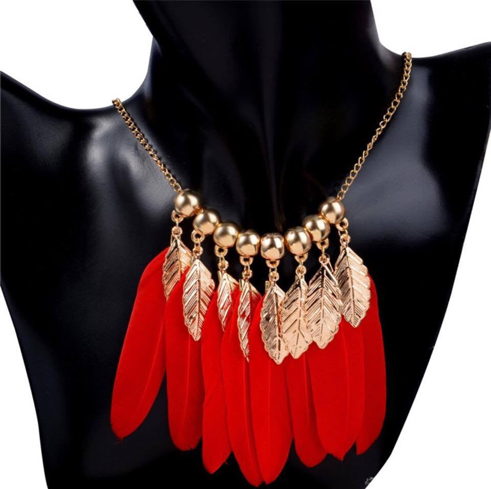 Gold Leaves Vintage Feather Long Pendant Necklace