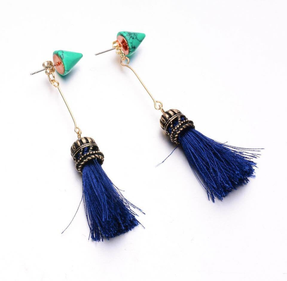 Geometric Gold Plated Cone Spike Faux Marble Stone Tassel Drop Dangle Earrings