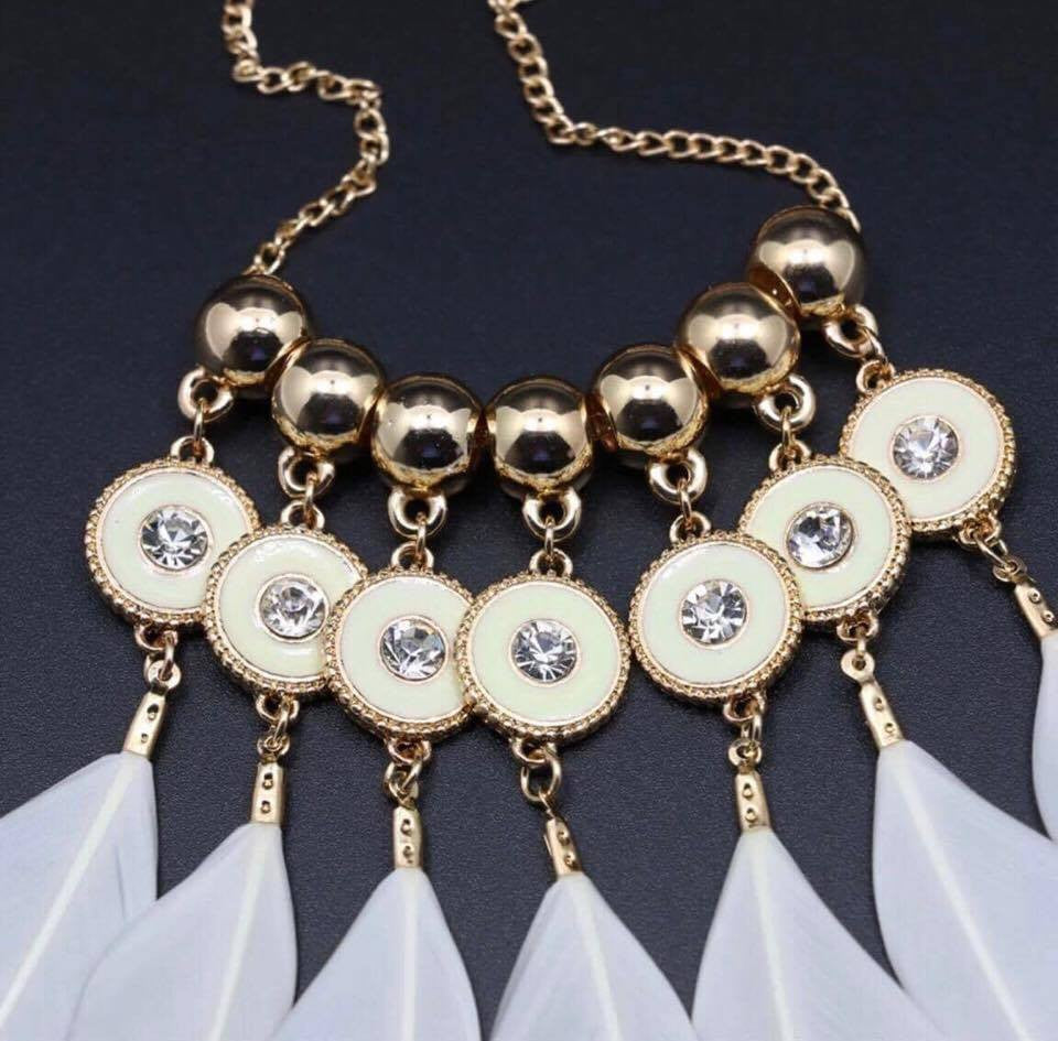 White Feather Summer Style Gold Beads Shiny Rhinestone Necklace