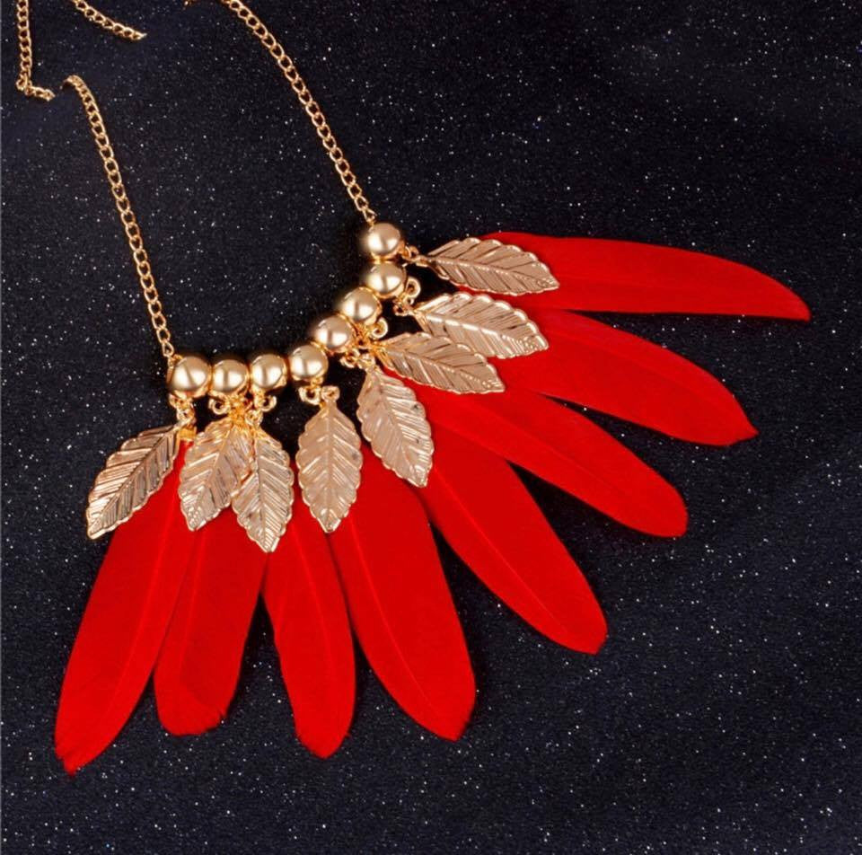 Gold Leaves Vintage Feather Long Pendant Necklace