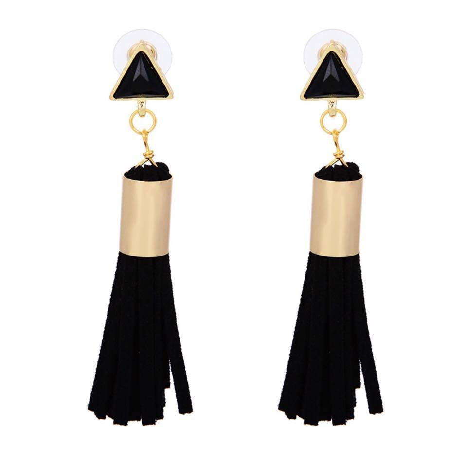Long Triangle Faux Stone Black Tassel Velvet Drop Earrings