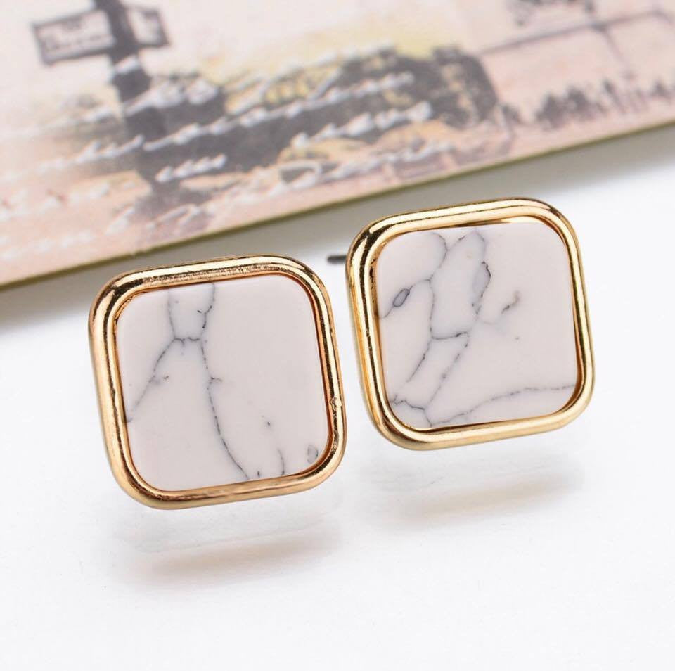 Black White Faux Marbled Stone Square Stud Earrings