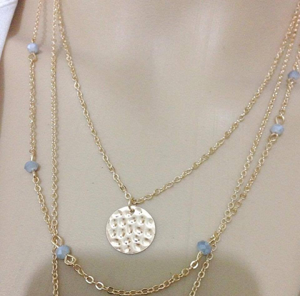 Gold Silver Beaded Metal Feather Pendant Multi Layer Chain Necklace