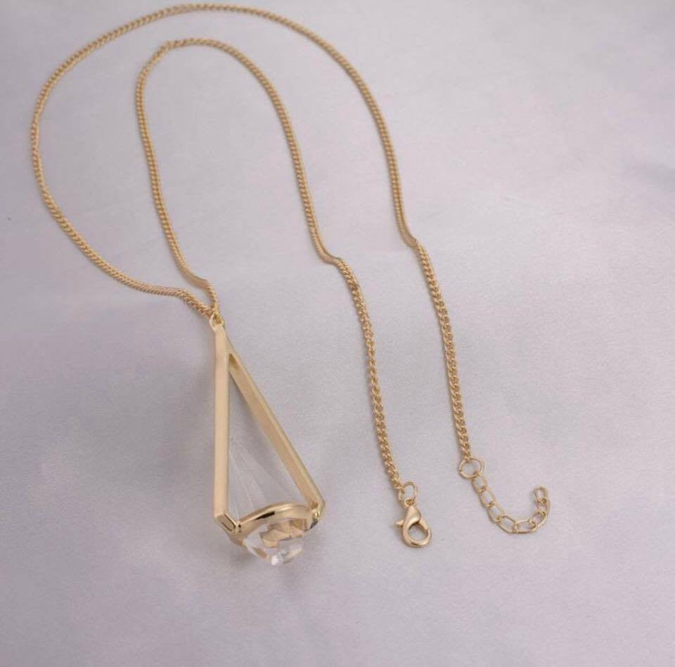 Gold Plated Clear/ Black Geometric Triangle Crystal Stone Long Necklace