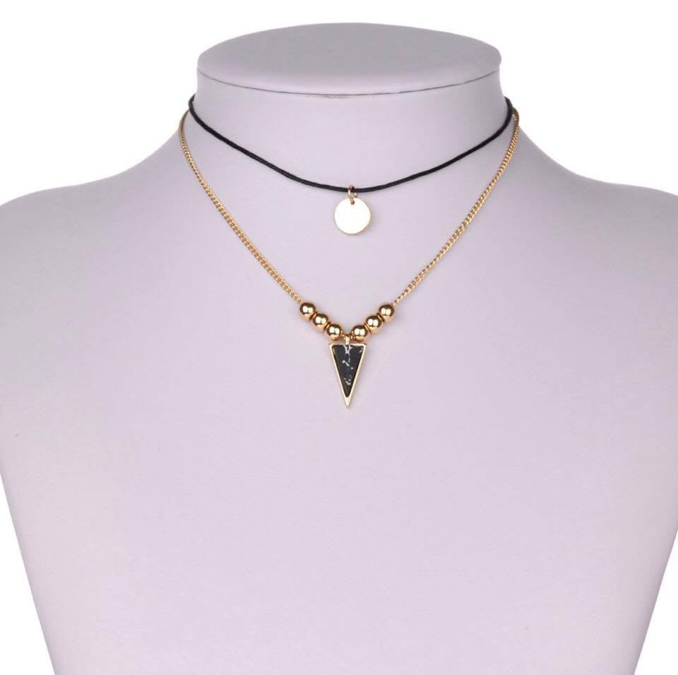 Gold Beads Leather Chokers Double Layer Triangle Faux Stone Necklace