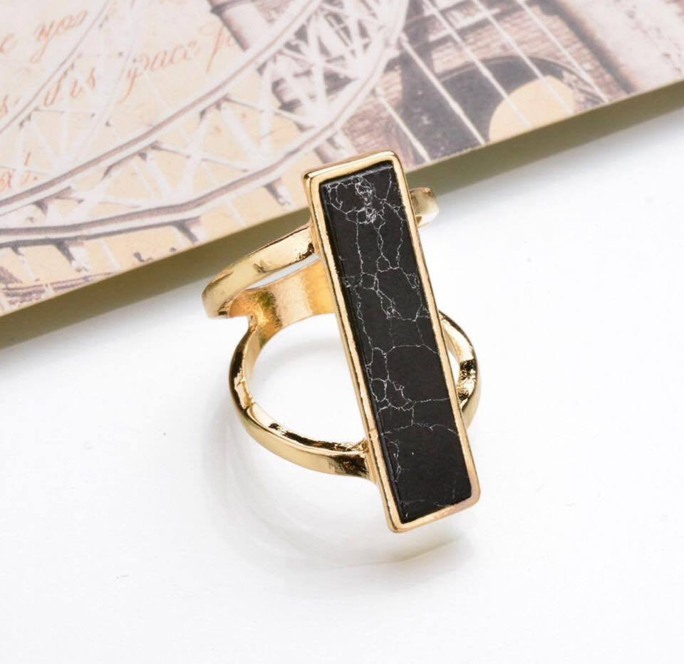 Black White Rectangle Faux Marble Stone Gold Plated Double Layer Ring