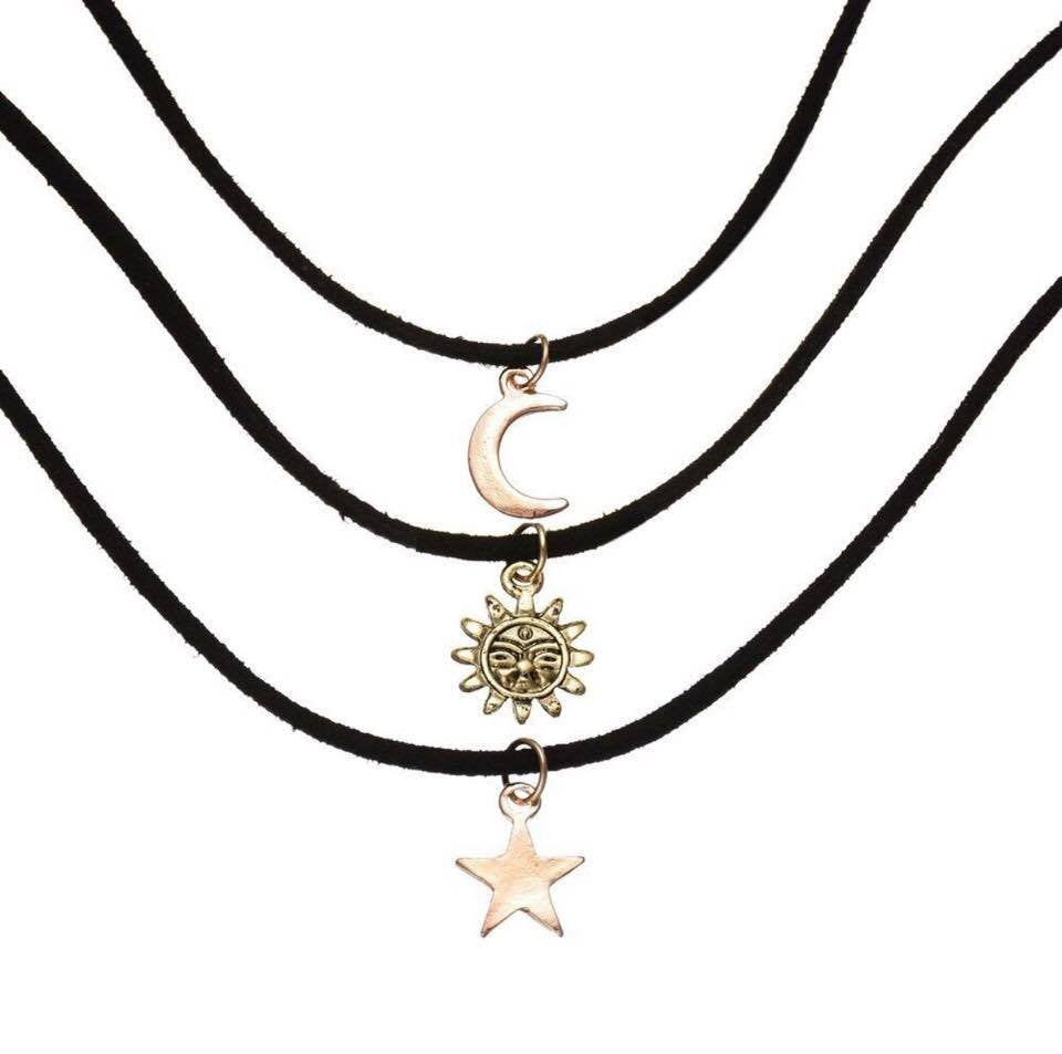 3PCS/Set Star Moon Sun Black Velvet Rope Chokers Necklaces Gold Plated Pendants Necklace