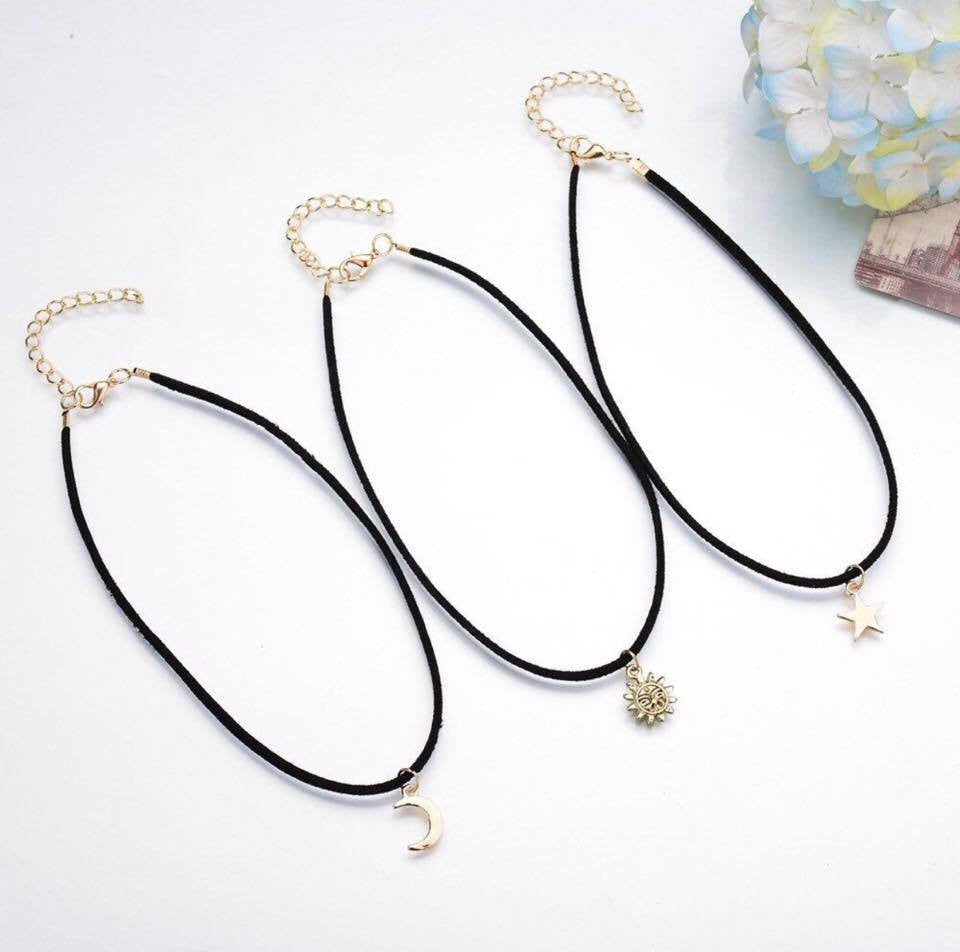 3PCS/Set Star Moon Sun Black Velvet Rope Chokers Necklaces Gold Plated Pendants Necklace