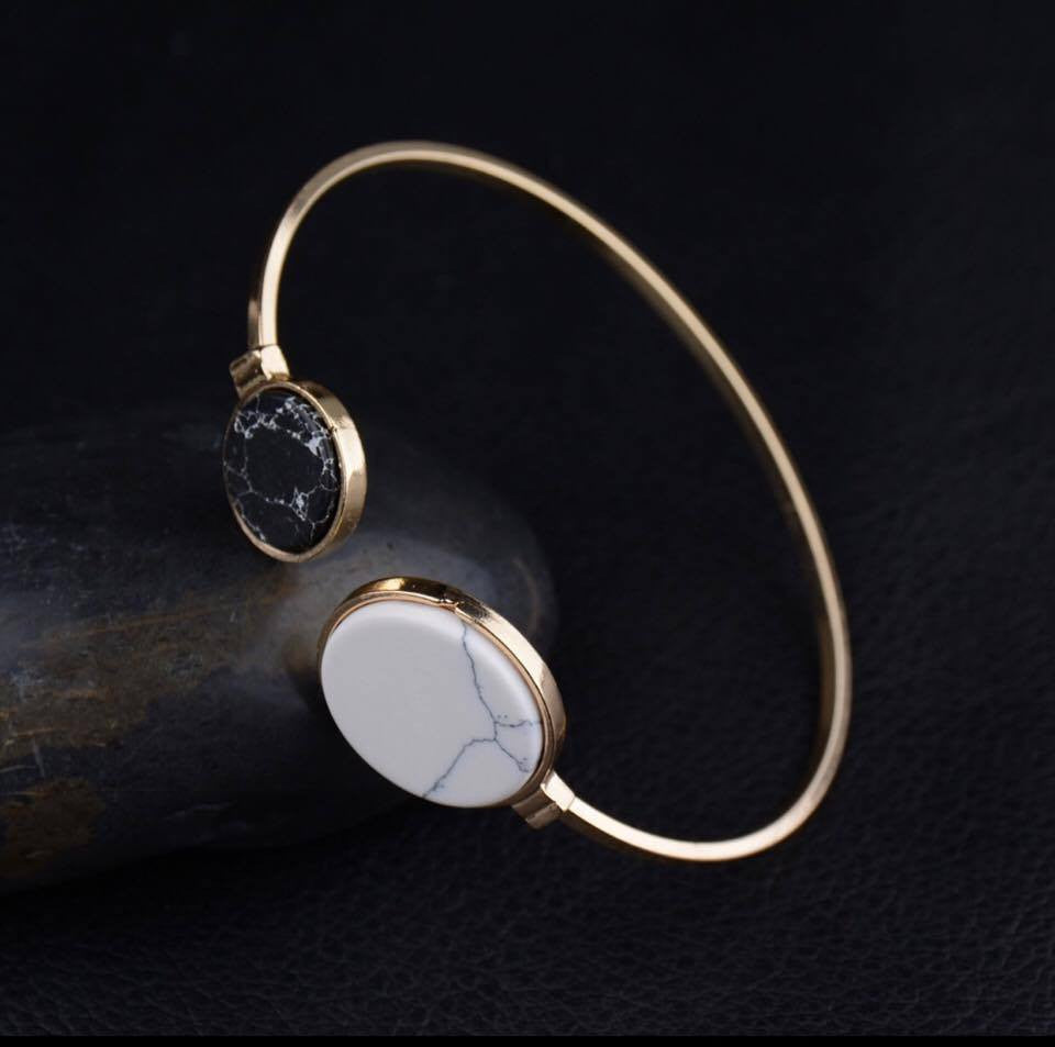 Round Black White Turquoise Marbleized Stone Charm Cuff Bangle Bracelet