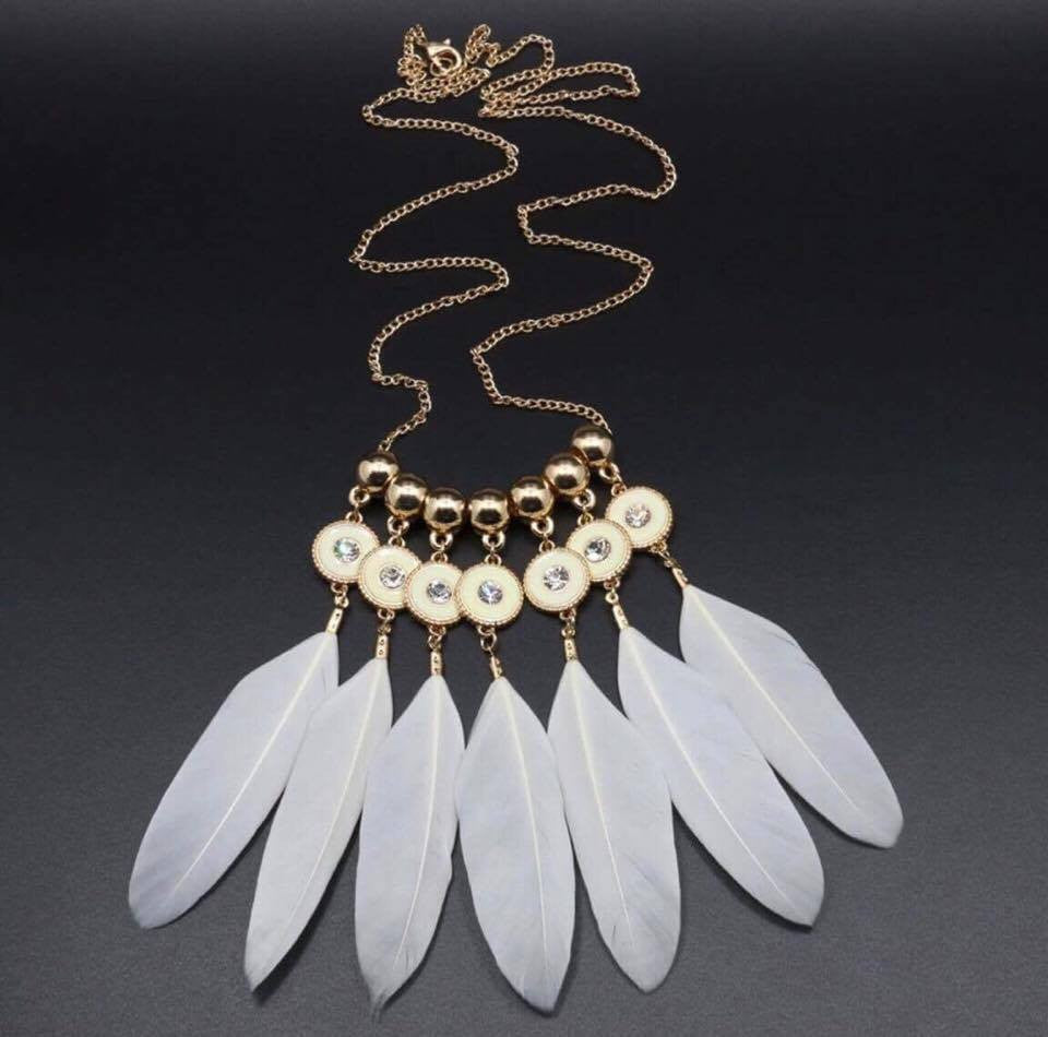 White Feather Summer Style Gold Beads Shiny Rhinestone Necklace