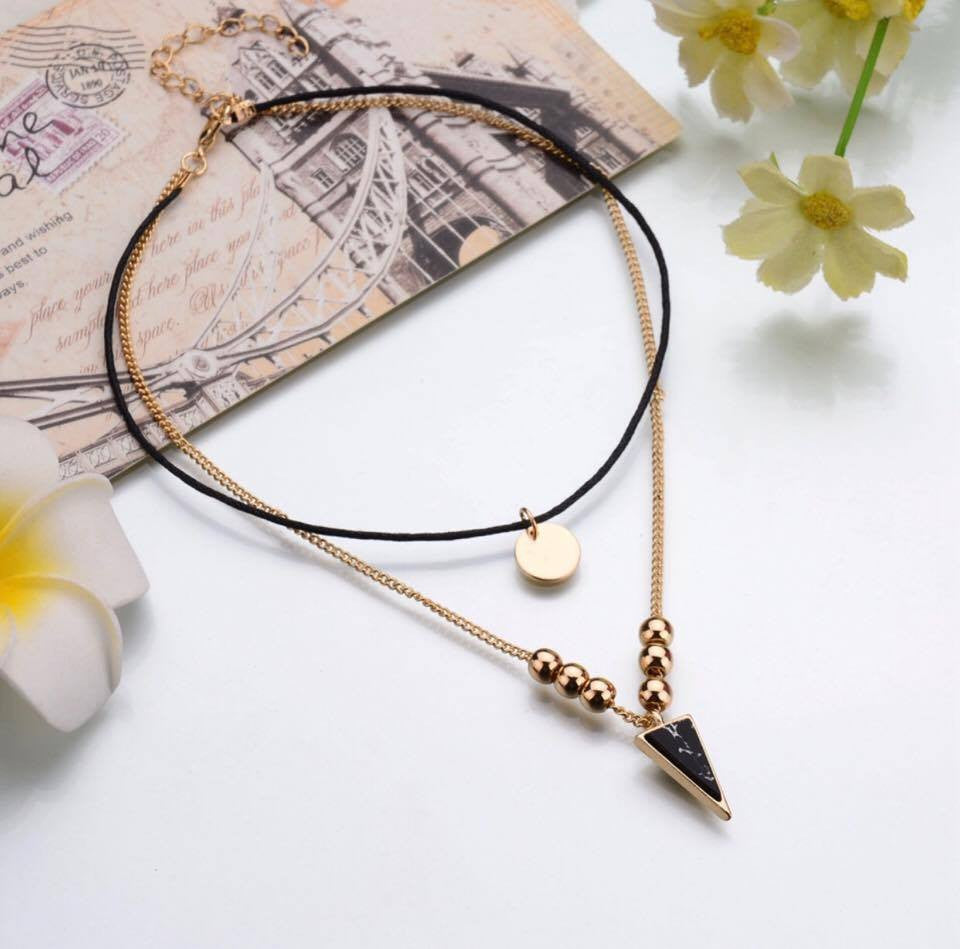Gold Beads Leather Chokers Double Layer Triangle Faux Stone Necklace