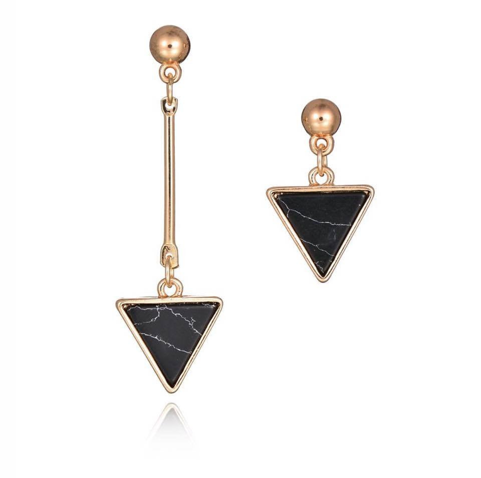 Geometric Triangle Marble Faux Stone Asymmetry Long Drop Dangle Earrings