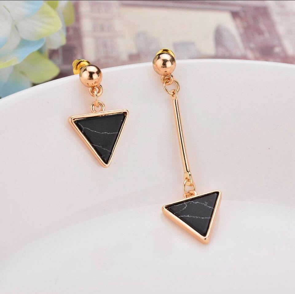 Geometric Triangle Marble Faux Stone Asymmetry Long Drop Dangle Earrings