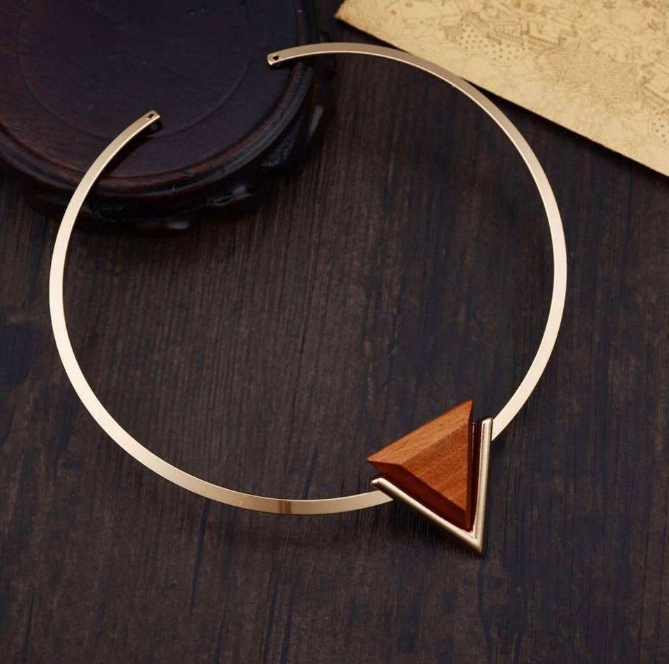 Gold Plated Adjustable Necklace With Triangle Wood Pendant