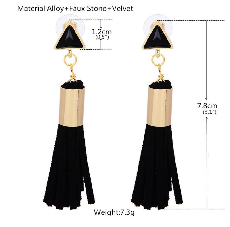 Long Triangle Faux Stone Black Tassel Velvet Drop Earrings