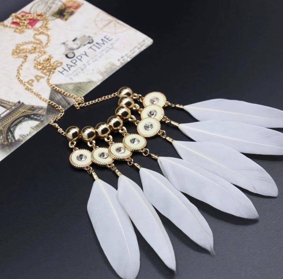 White Feather Summer Style Gold Beads Shiny Rhinestone Necklace