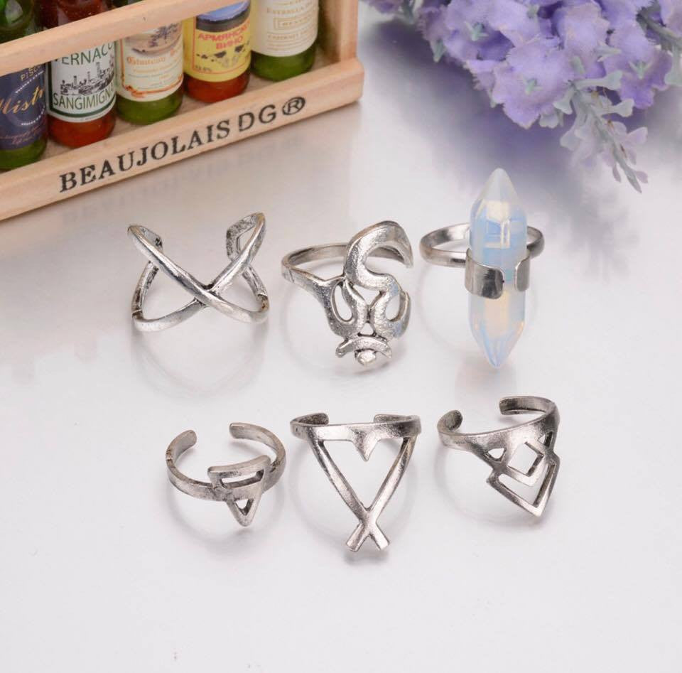 Retro Punk Ring Set Vintage Hollow Antique Silver Plated Lucky midi Rings  6PCS/Set
