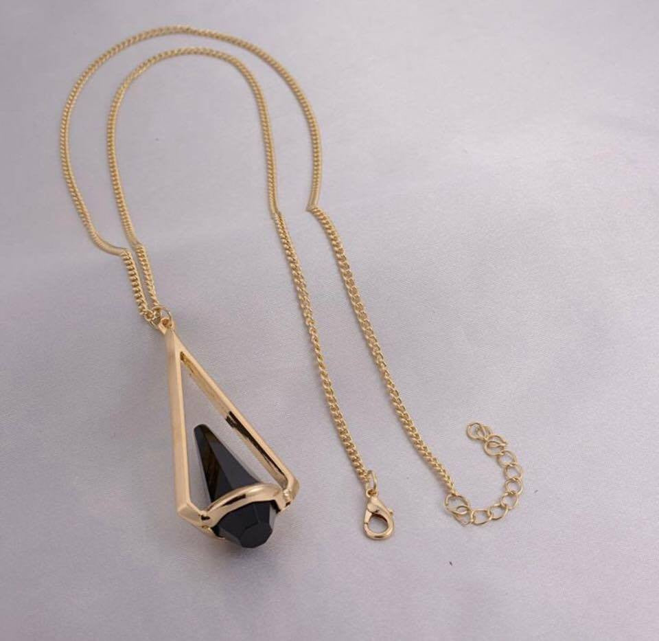 Gold Plated Clear/ Black Geometric Triangle Crystal Stone Long Necklace