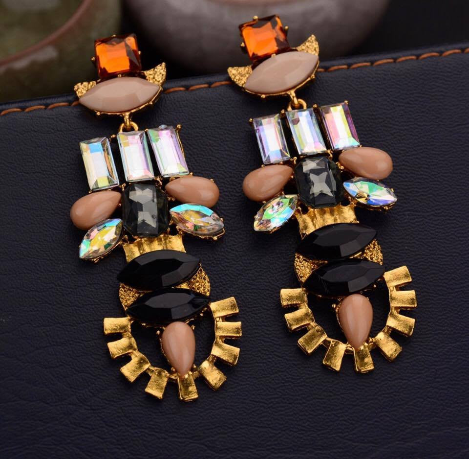 Bohemian Ethnic Gold Plated Shiny Colorful Crystal Long Drop Earrings