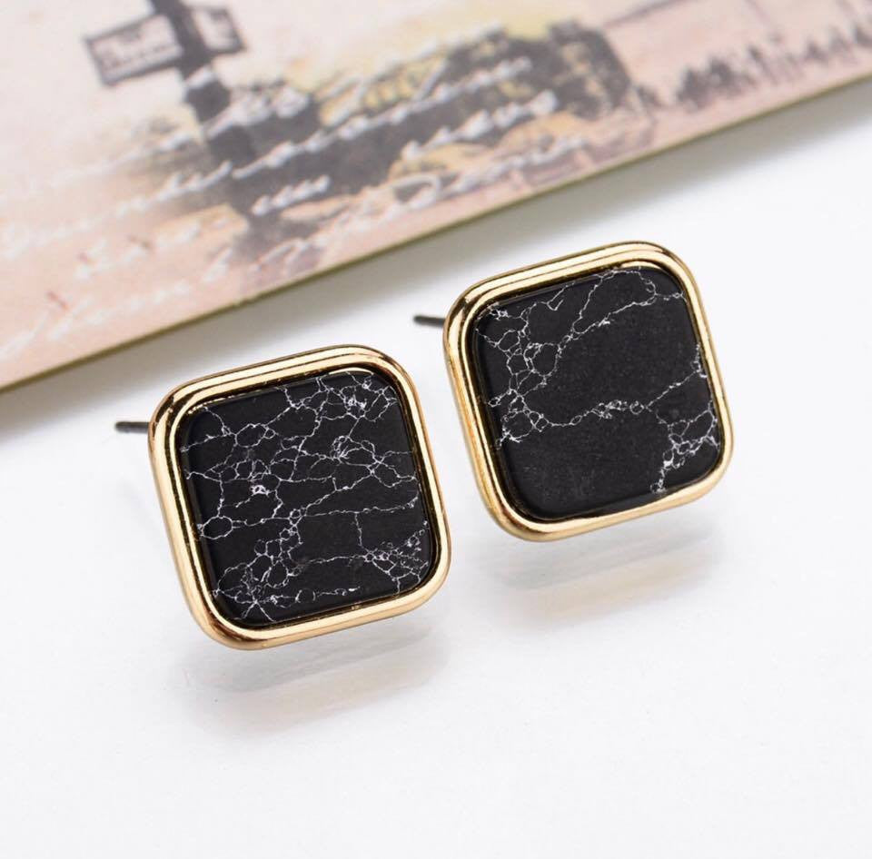 Black White Faux Marbled Stone Square Stud Earrings