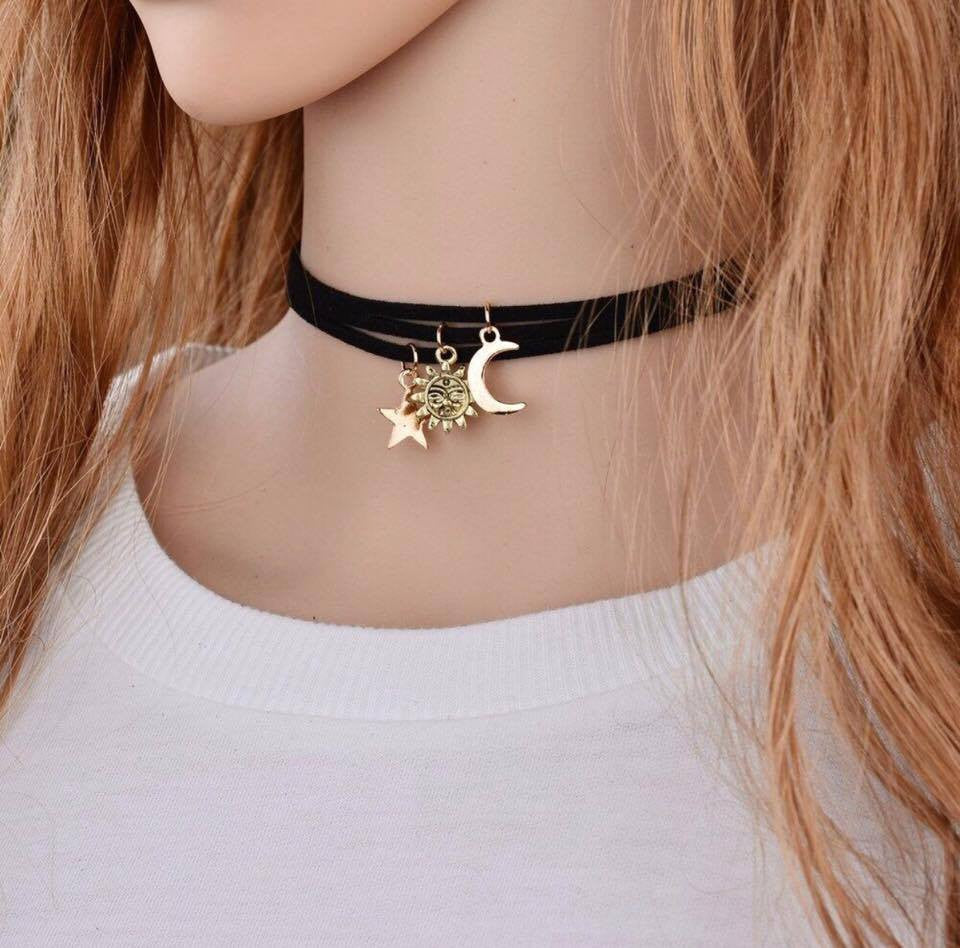 3PCS/Set Star Moon Sun Black Velvet Rope Chokers Necklaces Gold Plated Pendants Necklace