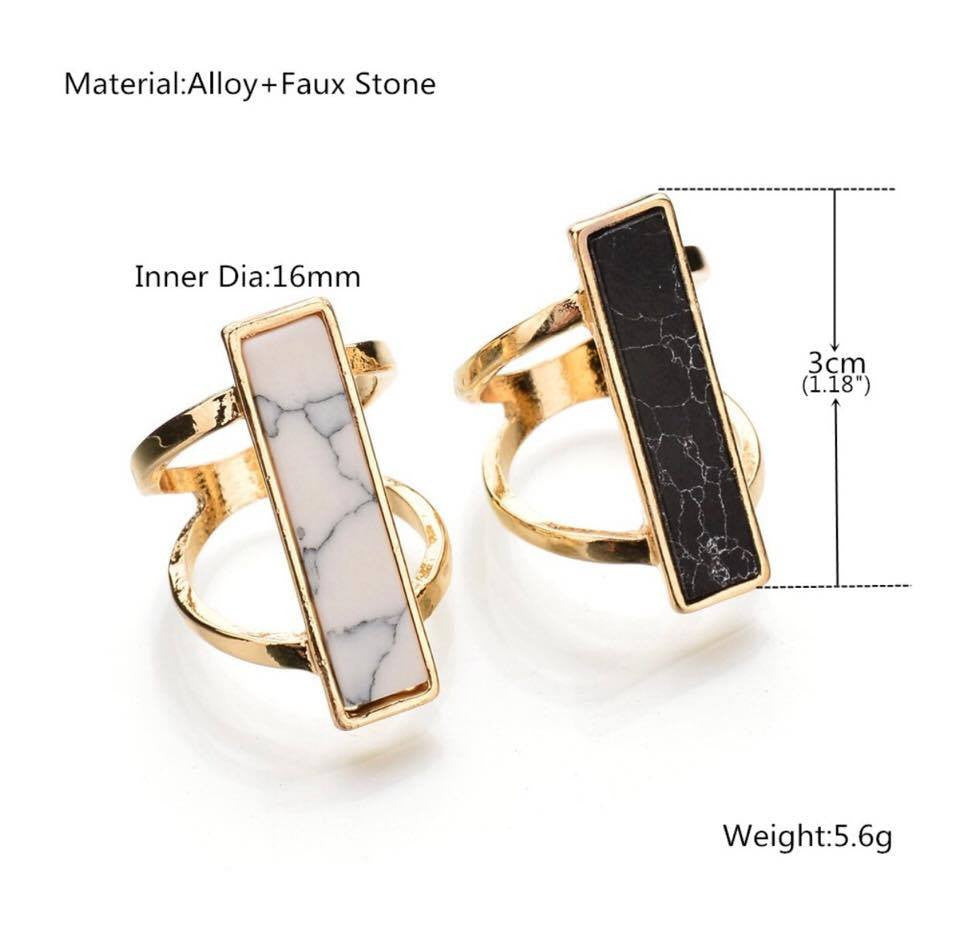 Black White Rectangle Faux Marble Stone Gold Plated Double Layer Ring