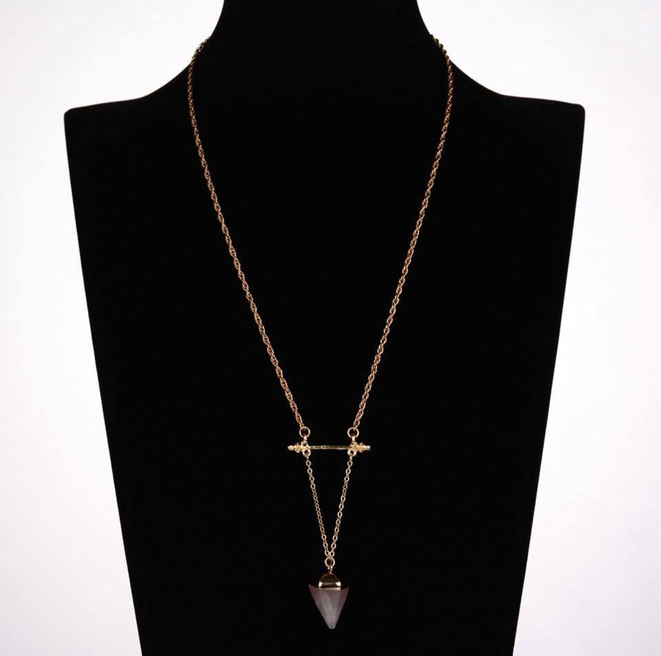 Gold Long Chain Geometric Triangle Faux Stone Pendant Necklace