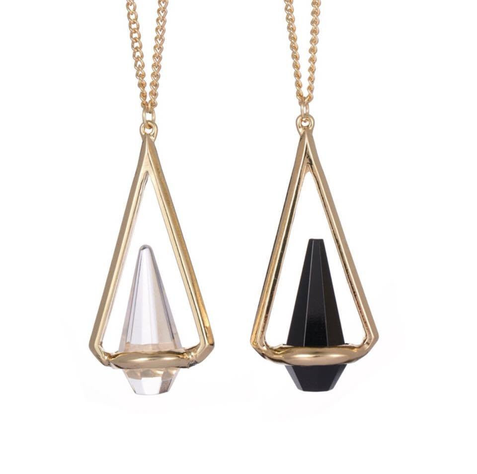 Gold Plated Clear/ Black Geometric Triangle Crystal Stone Long Necklace