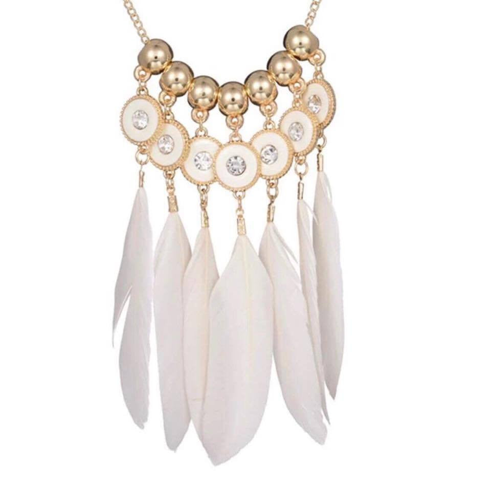 White Feather Summer Style Gold Beads Shiny Rhinestone Necklace