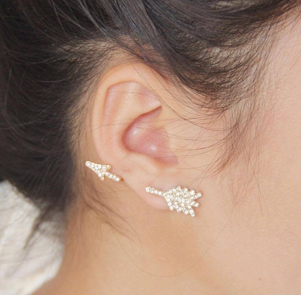 Gold Summer Style Personalised Punk Clear Rhinestone Bow and Arrow Stud Earrings