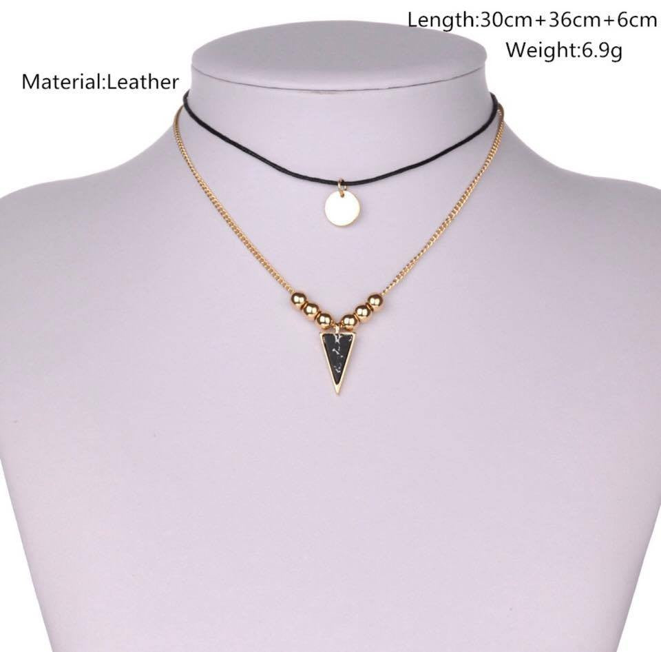 Gold Beads Leather Chokers Double Layer Triangle Faux Stone Necklace