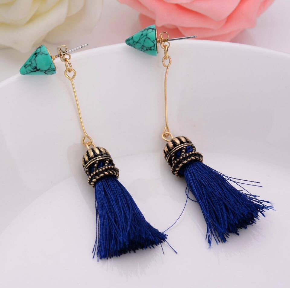 Geometric Gold Plated Cone Spike Faux Marble Stone Tassel Drop Dangle Earrings