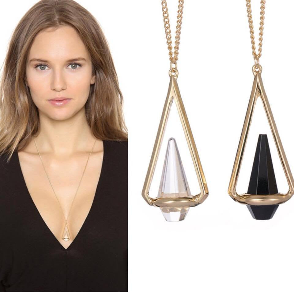 Gold Plated Clear/ Black Geometric Triangle Crystal Stone Long Necklace