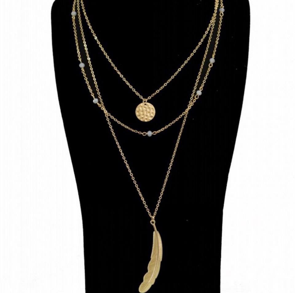 Gold Silver Beaded Metal Feather Pendant Multi Layer Chain Necklace